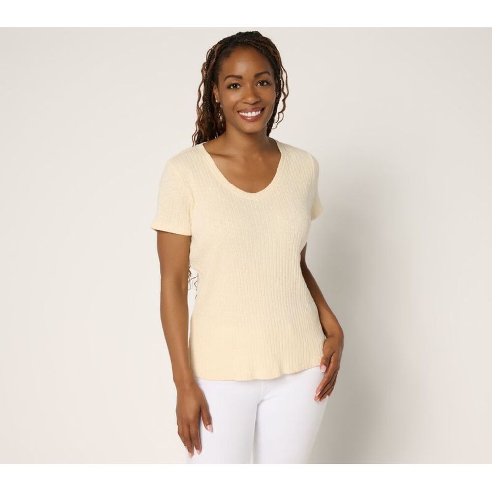 Peace Love World Women's Top Plus Sz 2X Curved V-Neck Short Sleeve White